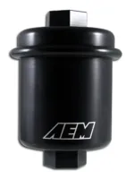High Volume Fuel Filter, Black Anodized, Fits Acura & Honda, Inlet: 14mm X 1.5, Outlet: 12mm X 1.25