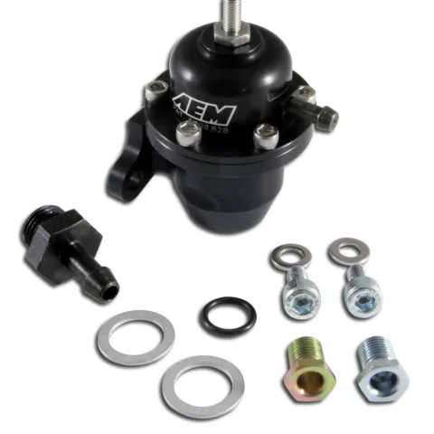 Adjustable Fuel Pressure Regulator, Black Anodized, Acura and Honda Offset Flange with Straight Retu